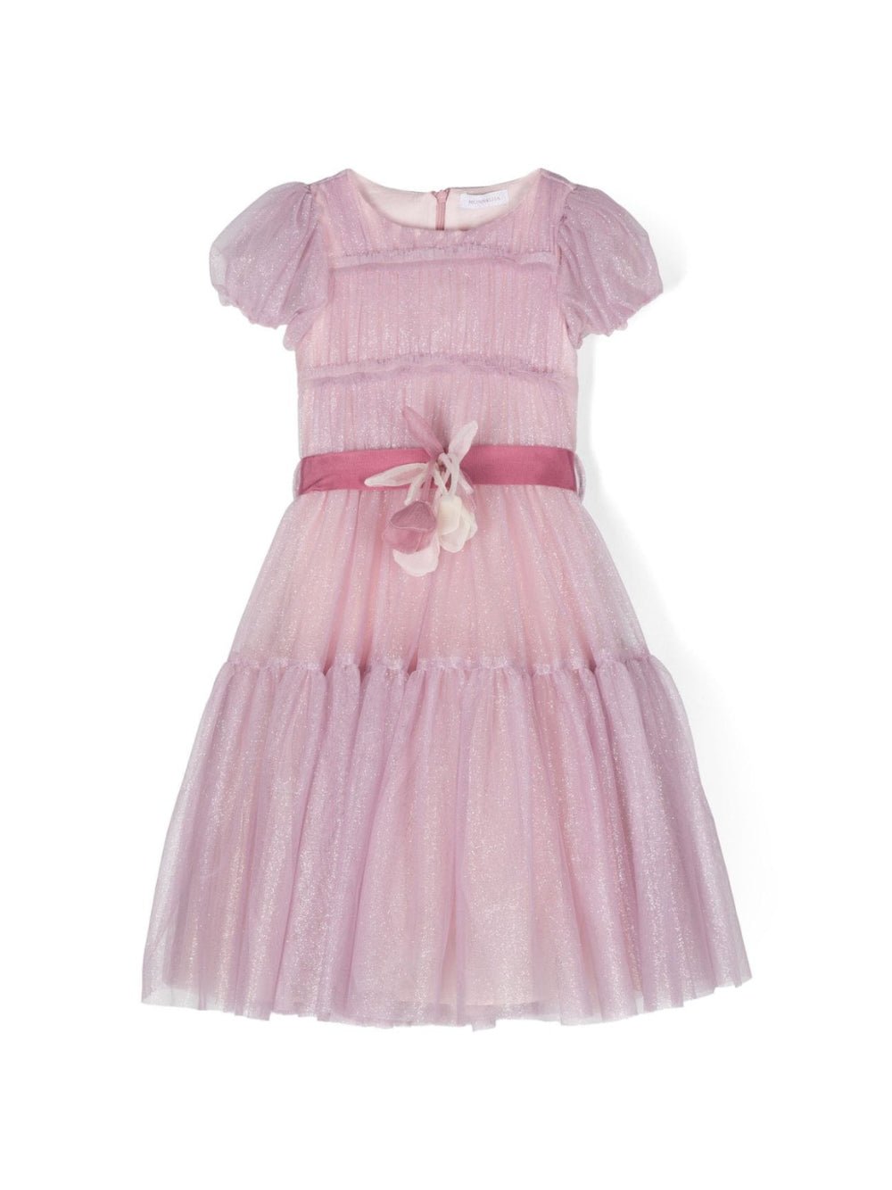 Abito con glitter per bambina Monnalisa rosa con maniche corte a palloncino - Rubino Kids