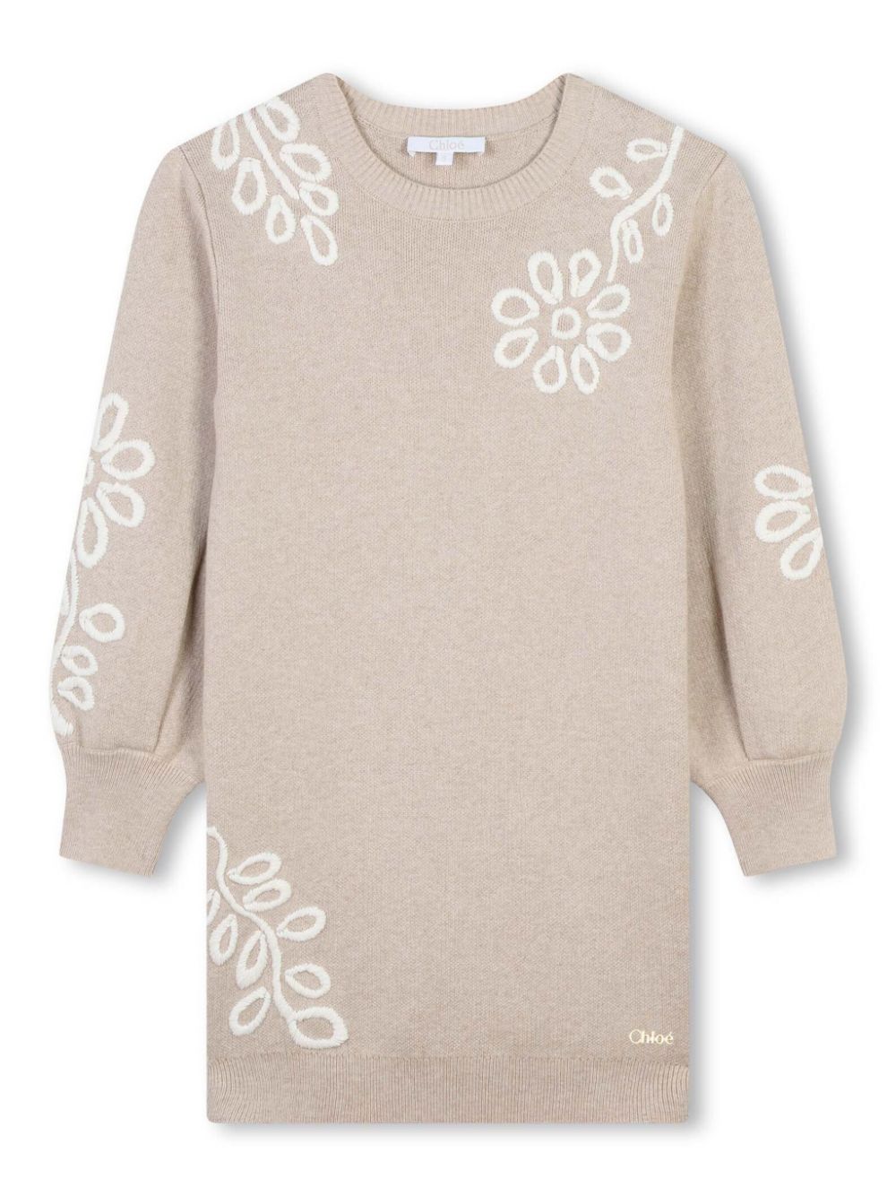 Abito con ricamo a fiori per bambina Chloé Kids beige con maglia fine - Rubino Kids