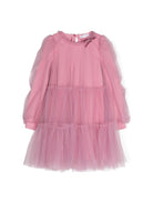 Abito midi con arricciature per bambina Monnalisa rosa con rete in tulle - Rubino Kids