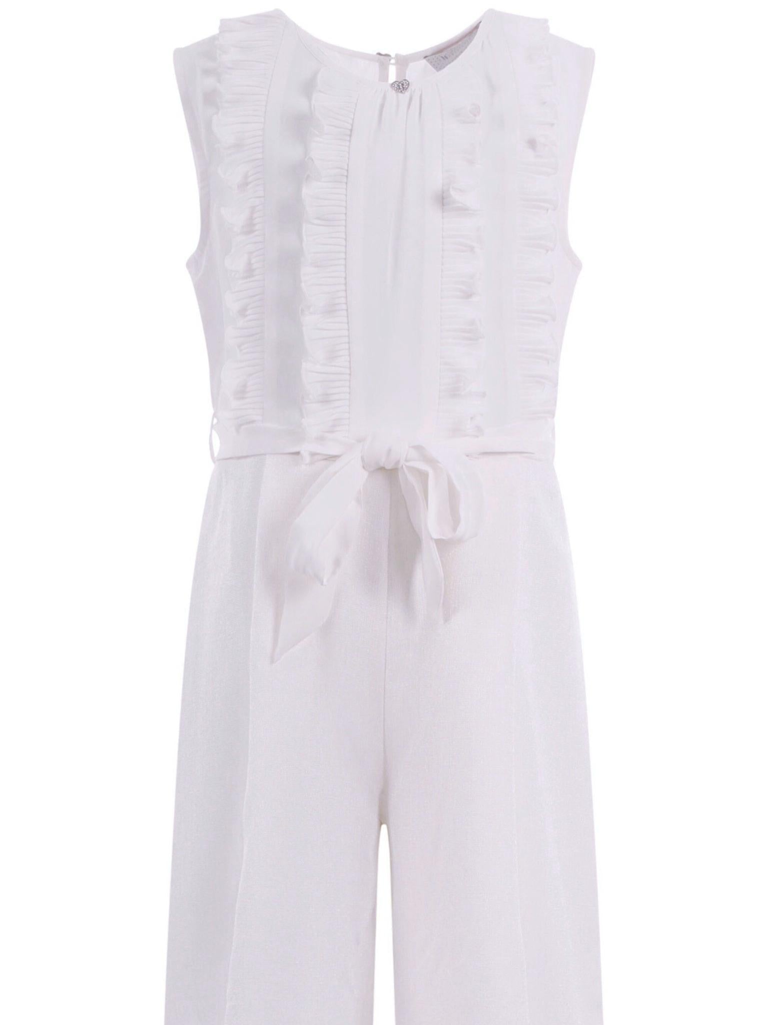 Abito modello tuta per bambina Monnalisa bianca con ruches e cintura - Rubino Kids