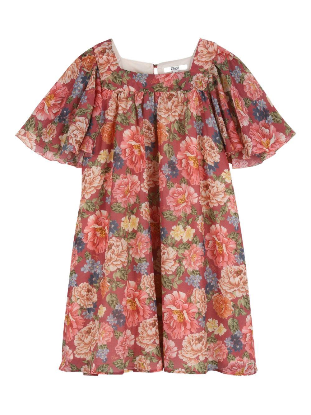 Abito per bambina Chloé Kids rosso a fiori con maniche volant - Rubino Kids