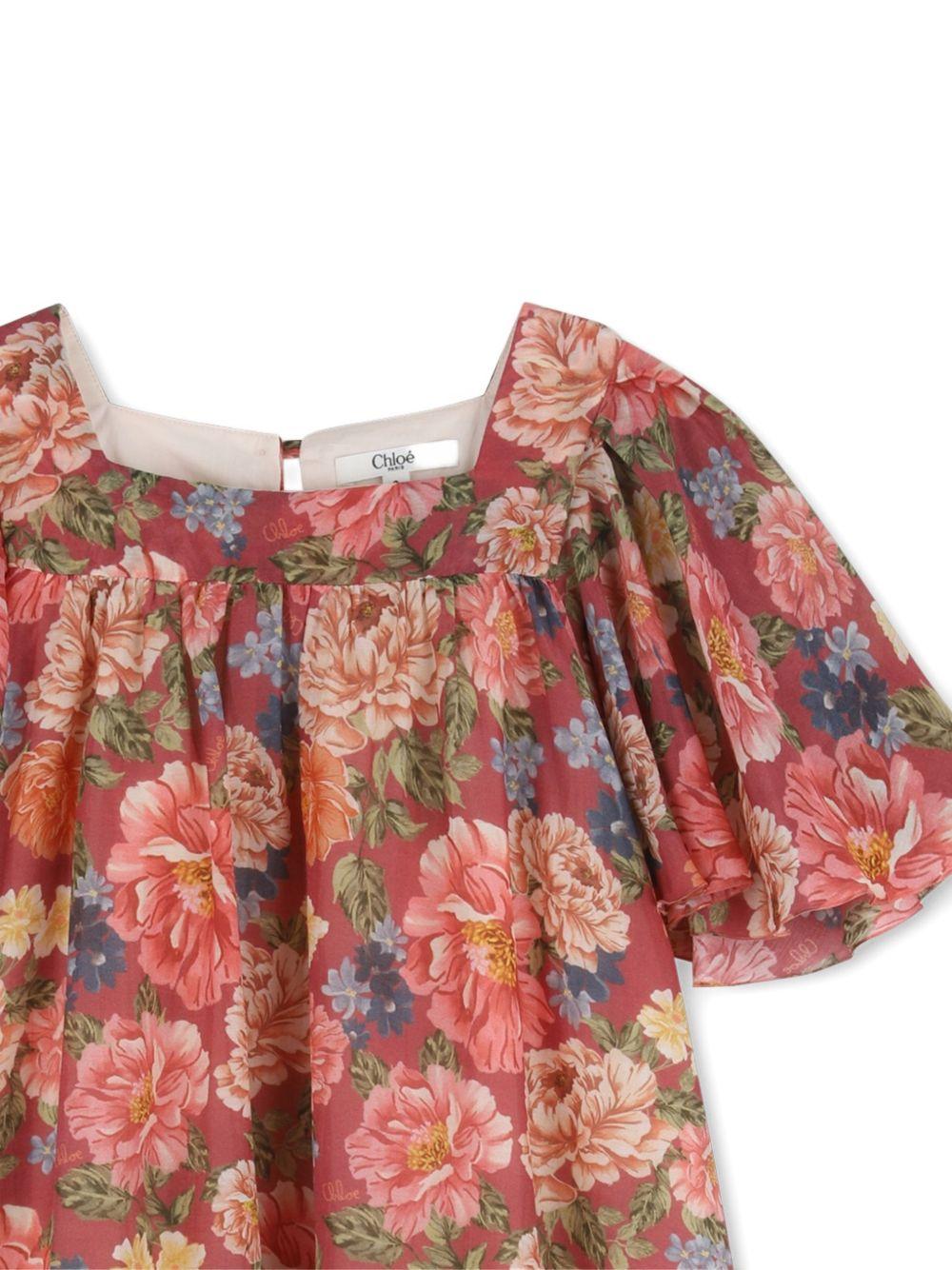 Abito per bambina Chloé Kids rosso a fiori con maniche volant - Rubino Kids