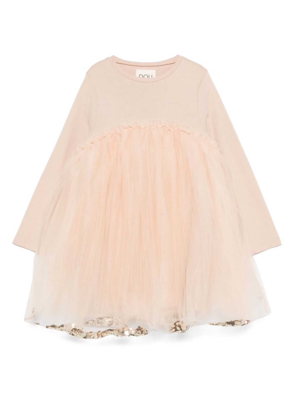 Abito per bambina Douuod Kids beige in tulle con dettagli con ruches e paillettes - Rubino Kids