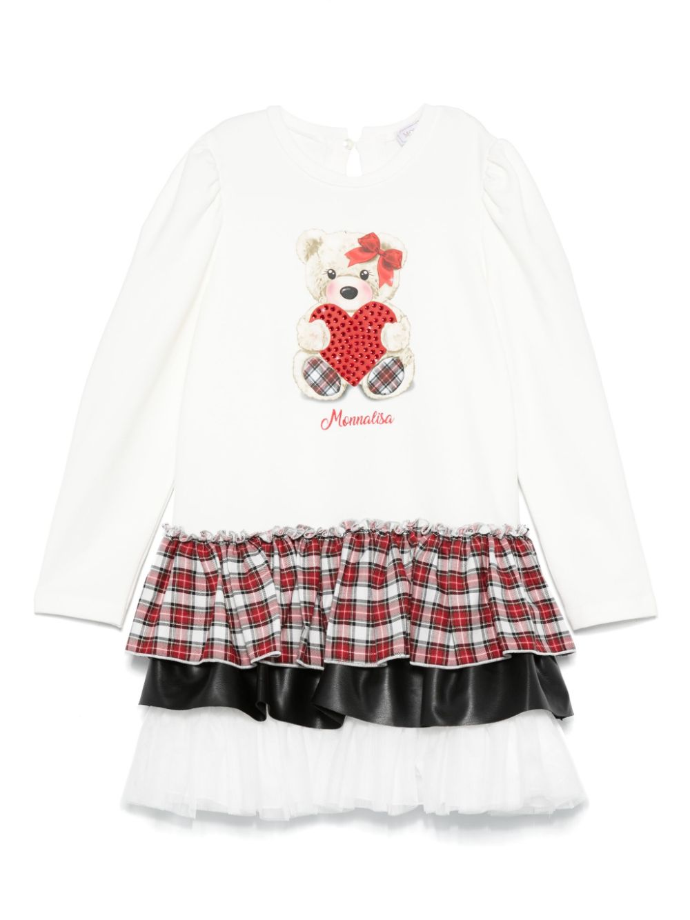 Abito per bambina Monnalisa bianco con stampa orsetto e motivo a quadri tartan - Rubino Kids