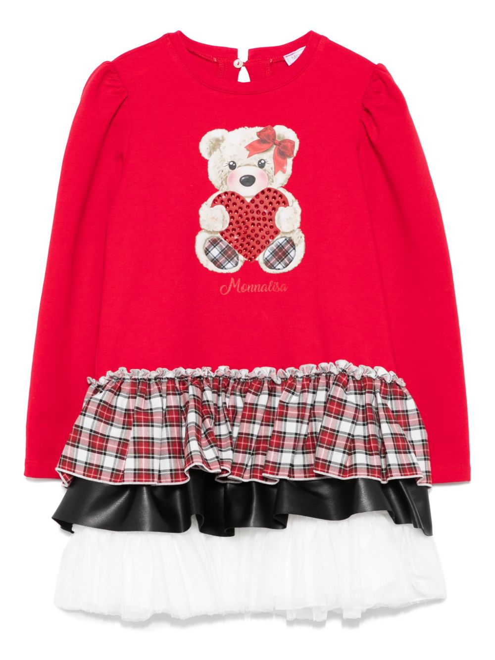 Abito per bambina Monnalisa rosso con stampa Teddy Bear e gonna con motivo a quadri - Rubino Kids