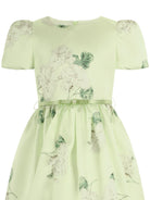 Abito per bambina Monnalisa verde con stampa grafica a fiori con cintura - Rubino Kids