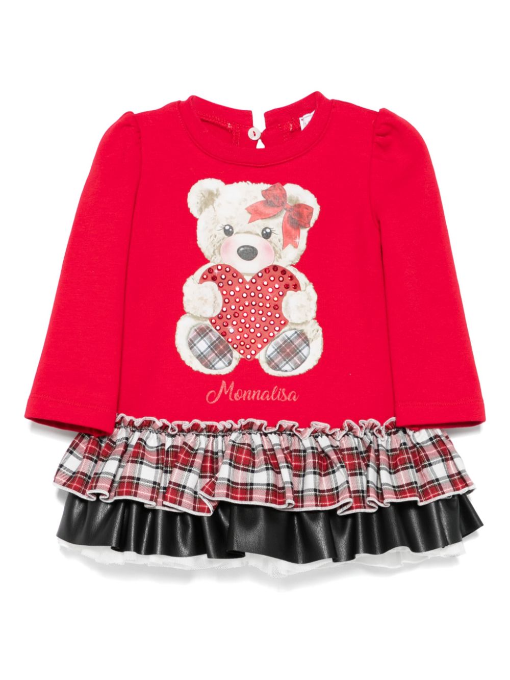 Abito per neonata Monnalisa rosso con stampa Teddy Bear e gonna con motivo a quadri - Rubino Kids