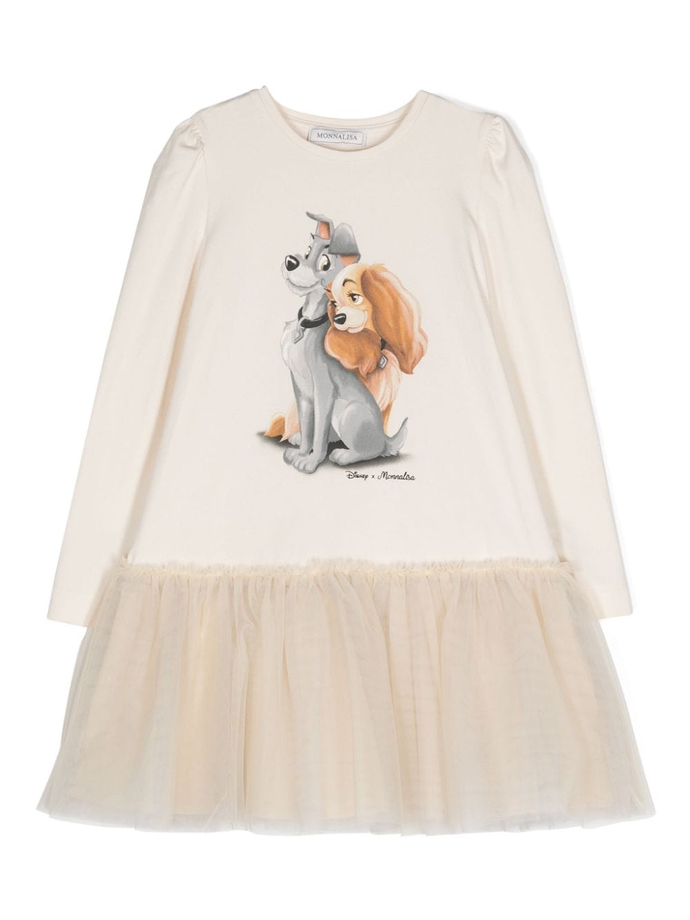 Abito svasato con stampa x Disney per bambina Monnalisa beige con interto a tulle - Rubino Kids