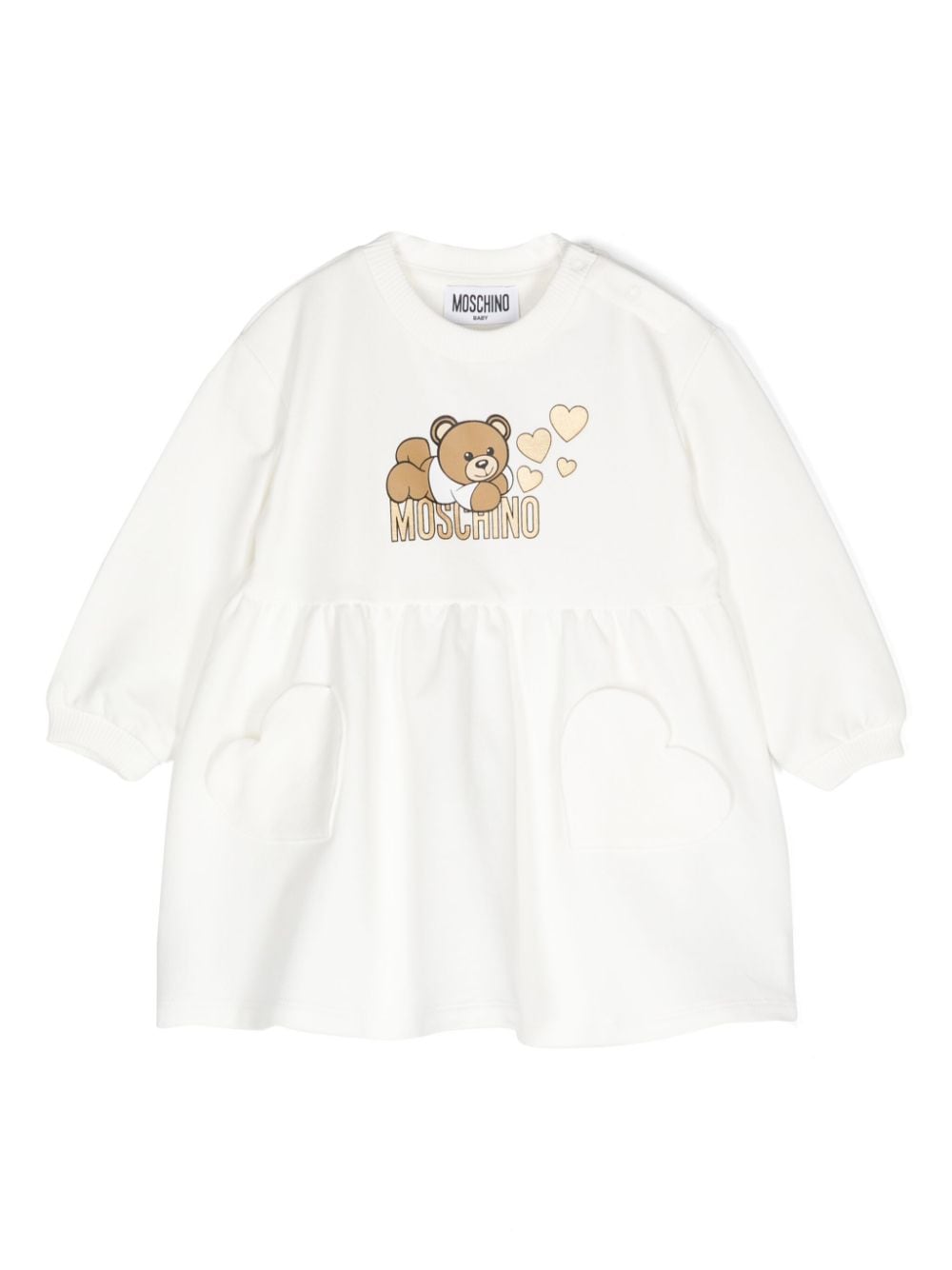 Abito svasato per neonata Moschino Kids bianco con stampa Teddy Bear - Rubino Kids