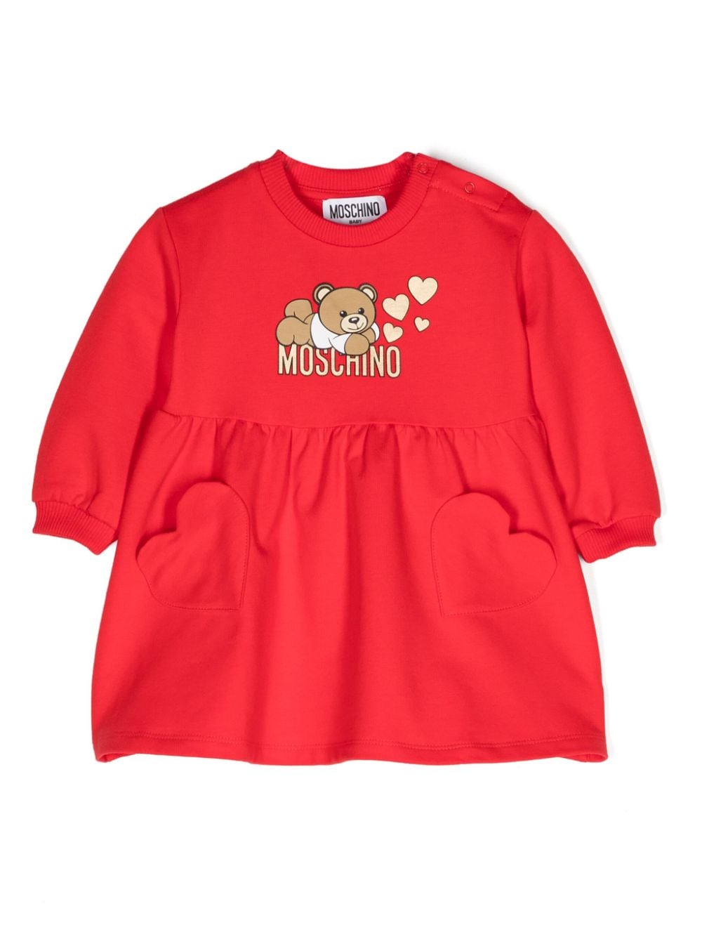 Abito svasato per neonata Moschino Kids rosso con stampa Teddy Bear - Rubino Kids