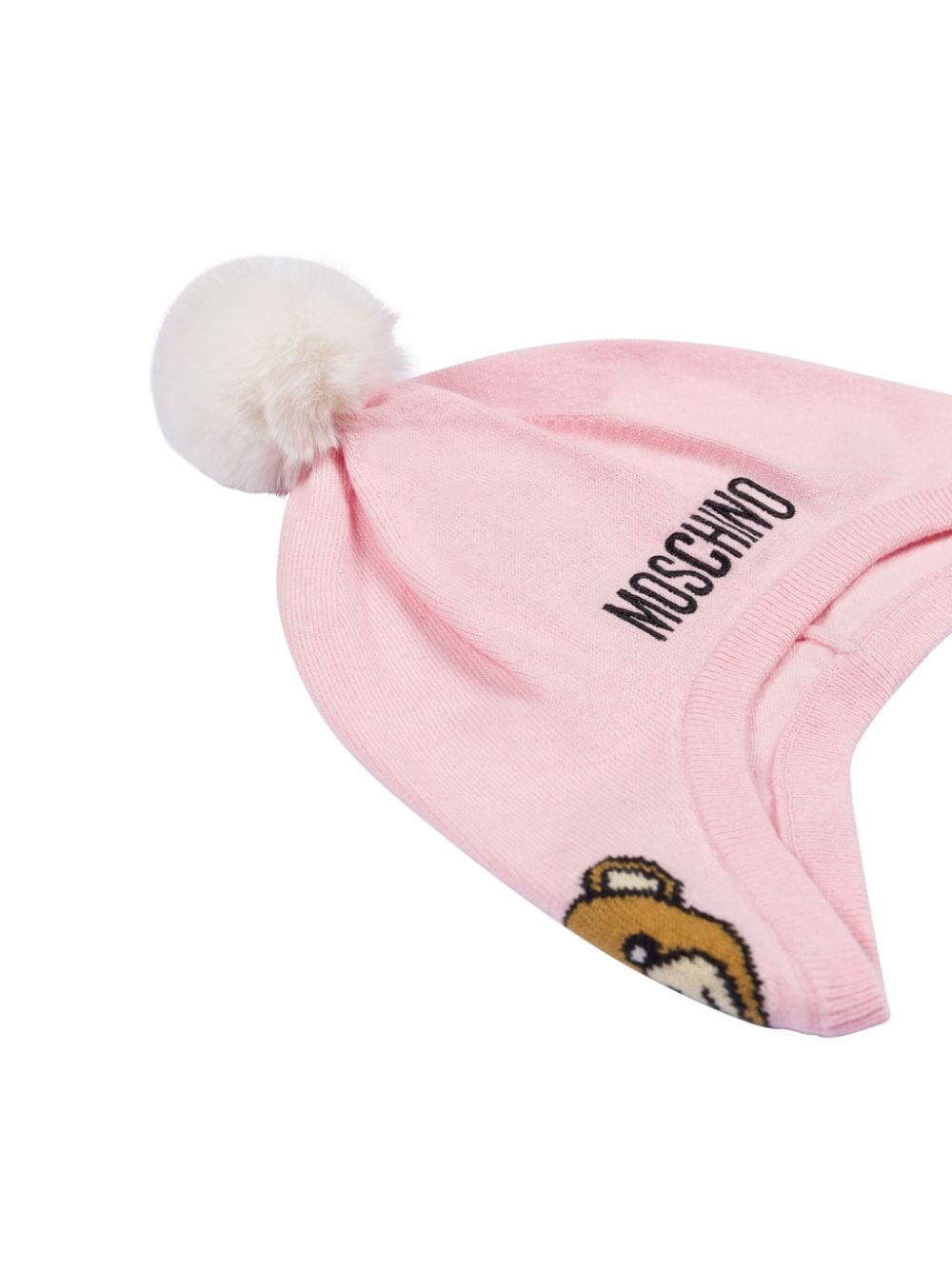 Berretto con pompon per neonata Moschino Kids rosa con lavorazione a maglia - Rubino Kids