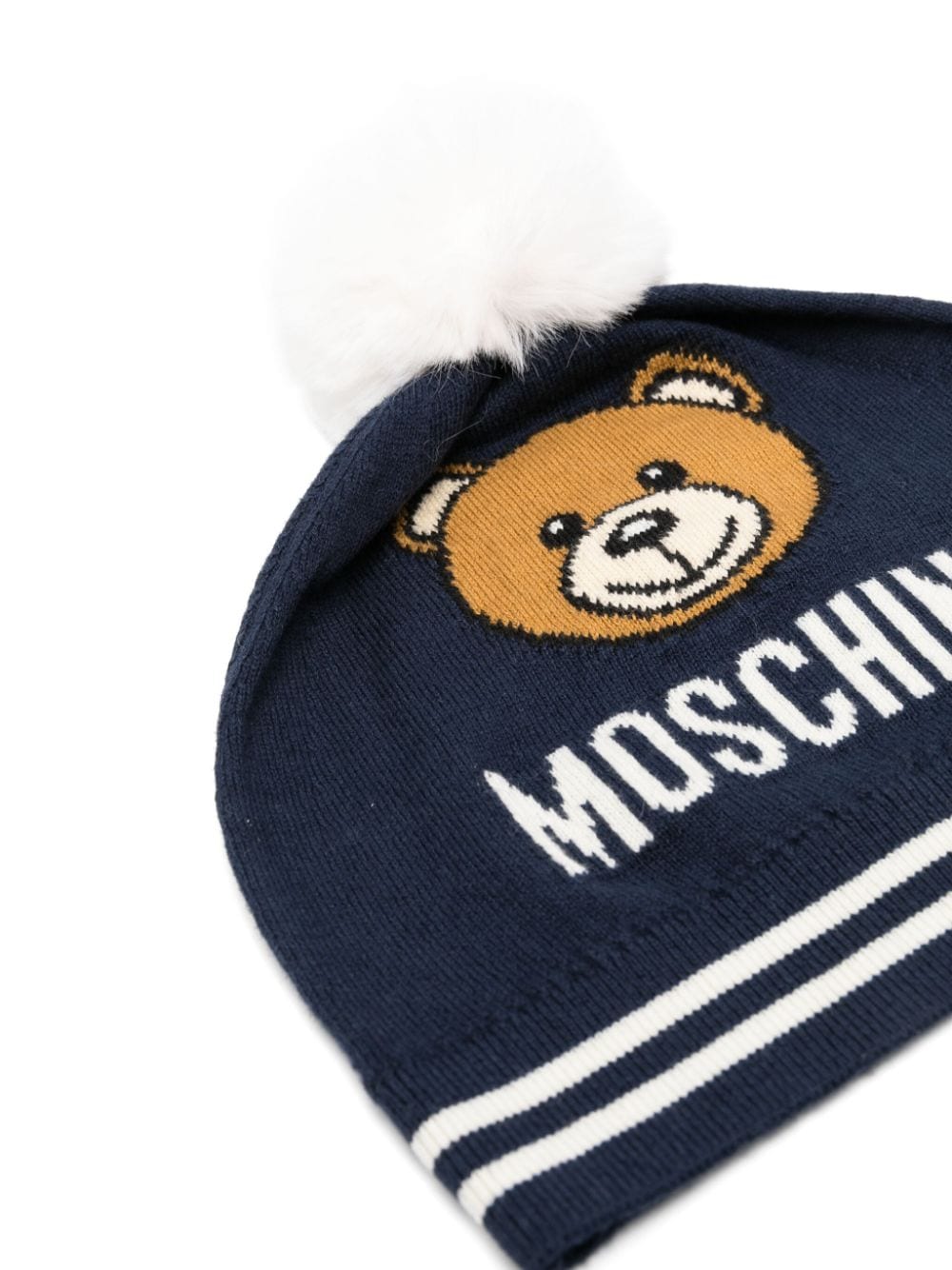 Berretto per bambina Moschino Kids blu con logo intarsiato e dettaglio pompon - Rubino Kids