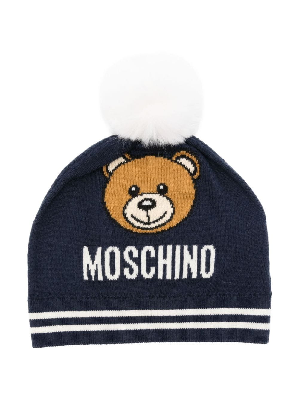 Berretto per bambina Moschino Kids blu con logo intarsiato e dettaglio pompon - Rubino Kids