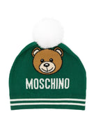 Berretto per bambina Moschino Kids verde con logo intarsiato e dettaglio pompon - Rubino Kids