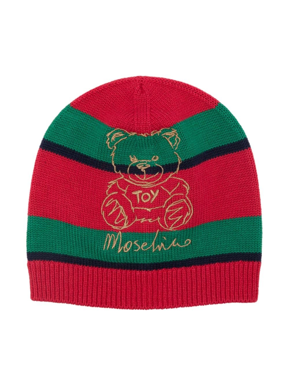 Berretto per bambino Moschino Kids a righe rosso e verde con ricamo orsetto - Rubino Kids