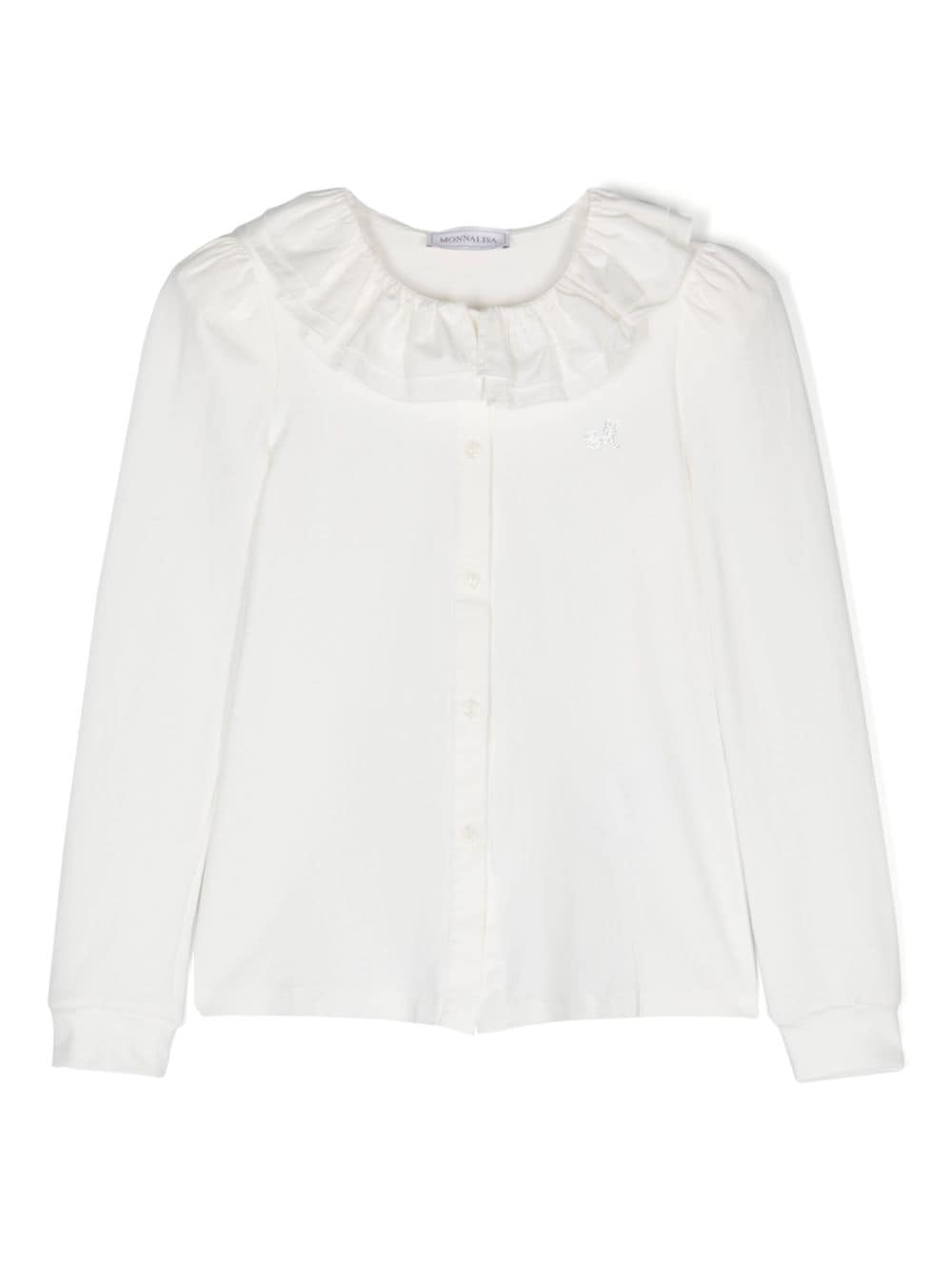 Blusa con monogramma di strass per bambina Monnalisa bianco con maniche lunghe - Rubino Kids