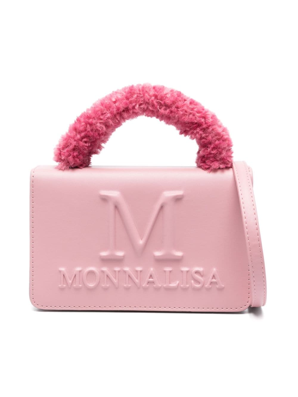 Borsa per bambina Monnalisa rosa a spalla con logo goffrato e manico in pelliccia - Rubino Kids