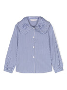 Camicia per bambina Monnalisa a righe bianco e blu con dettaglio ruches - Rubino Kids