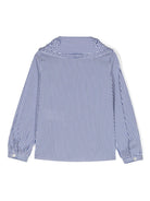 Camicia per bambina Monnalisa a righe bianco e blu con dettaglio ruches - Rubino Kids