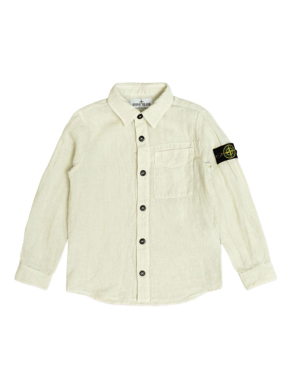 Camicia per bambino Stone Island Junior beige in lino con applicazione Compass - Rubino Kids