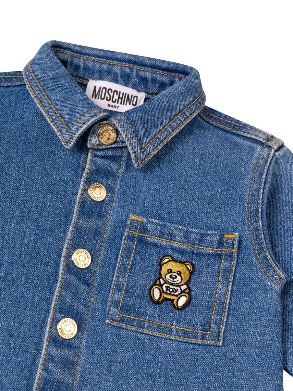 Camicia per neonati Moschino Kids in denim con applicazione Teddy Bear sulla tasca - Rubino Kids