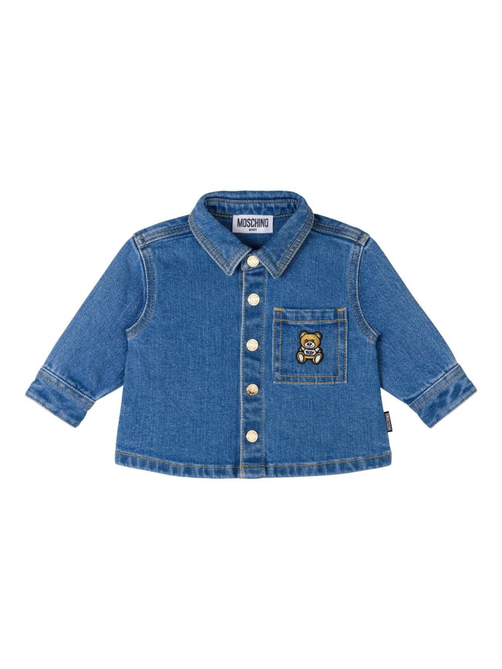 Camicia per neonati Moschino Kids in denim con applicazione Teddy Bear sulla tasca - Rubino Kids