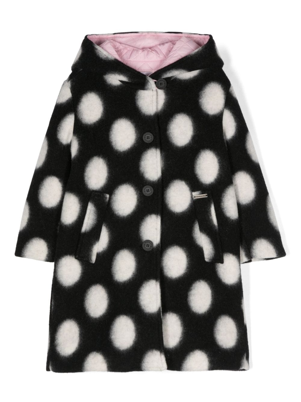 Cappotto a pois per bambina Monnalisa nero con cappuccio - Rubino Kids