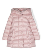 Cappotto imbottito per bambina Monnalisa rosa con cappuccio con bordo in finta pelliccia - Rubino Kids