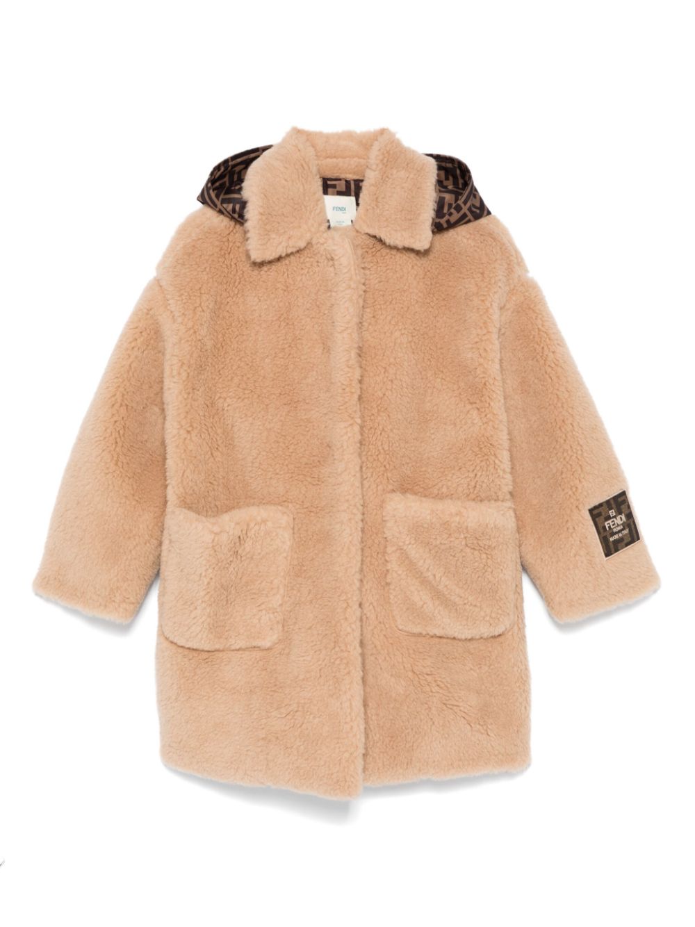 Cappotto per bambina Fendi Kids beige con tasche anteriori e logo sul polso - Rubino Kids