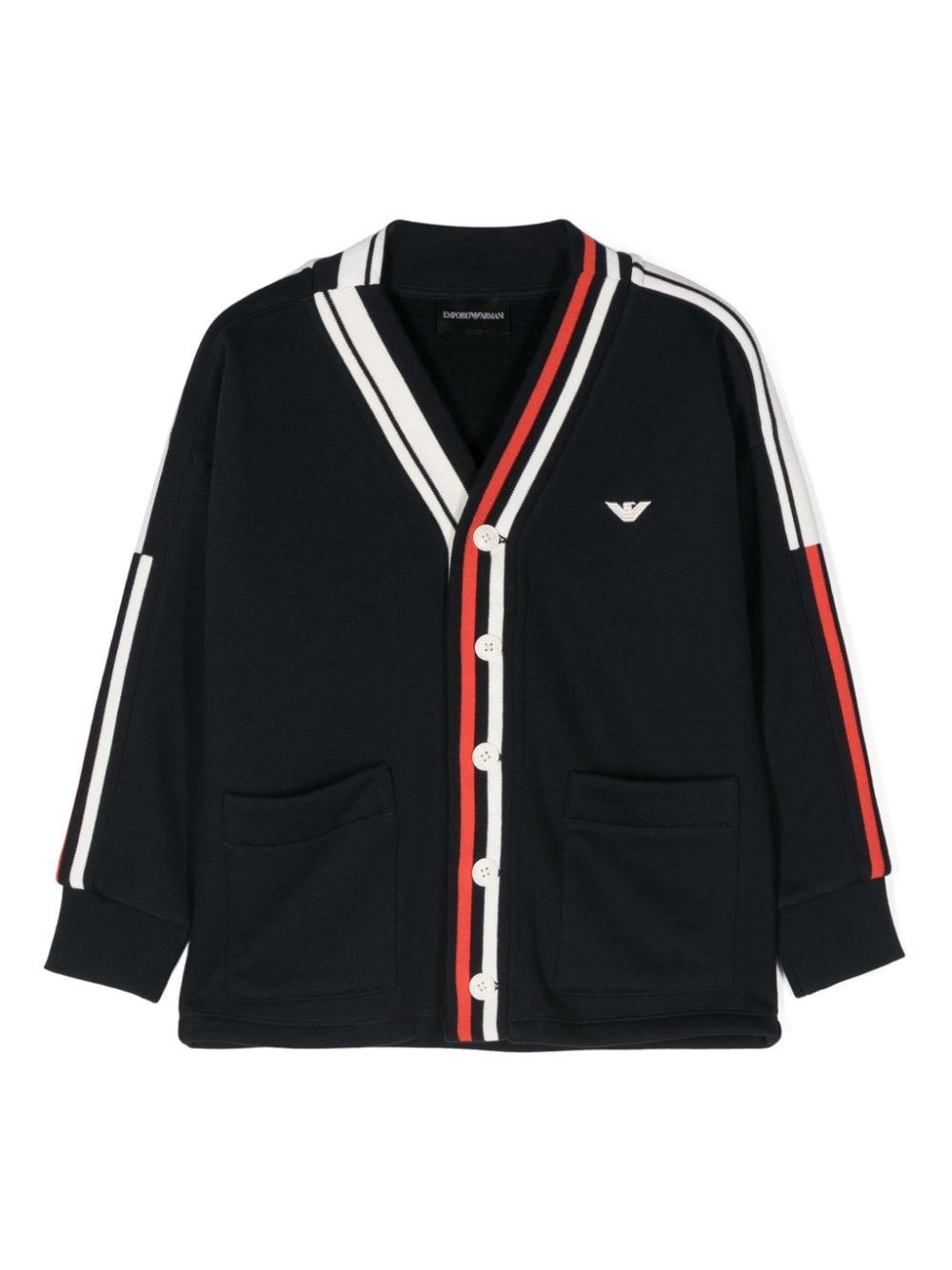 Cardigan con applicazione per bambino Emporio Armani Kids blu con scollo a V - Rubino Kids