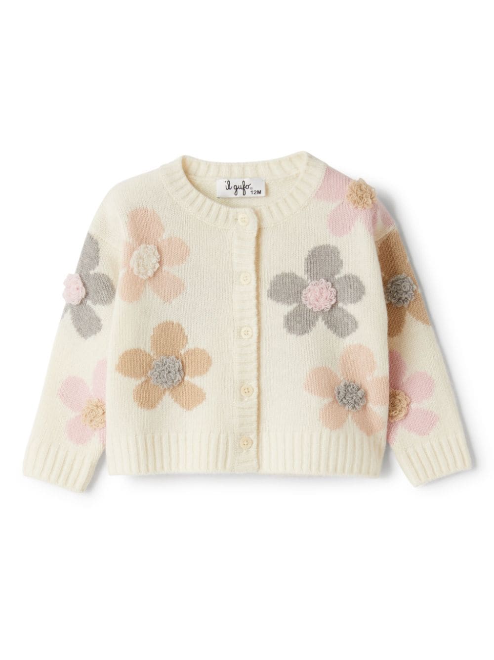 Cardigan con applicazioni a fiori per neonata Il Gufo beige con scollo tondo a coste - Rubino Kids