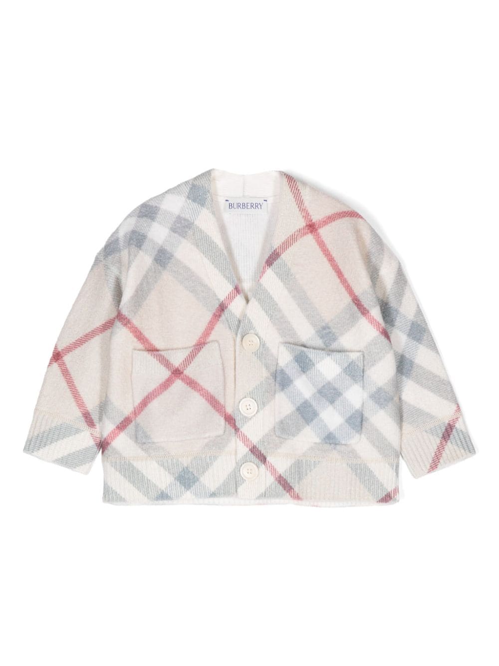 Cardigan in lana con motivo check per neonata Burberry Kids con scollo a V - Rubino Kids