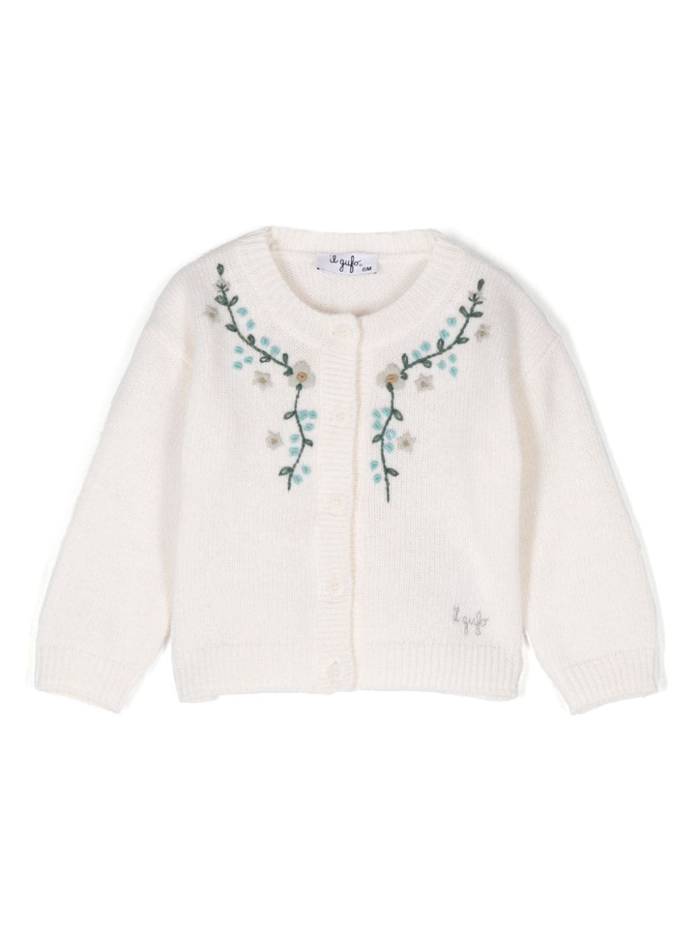 Cardigan in lana ricamato per neonato Il Gufo bianco con bordino a coste - Rubino Kids