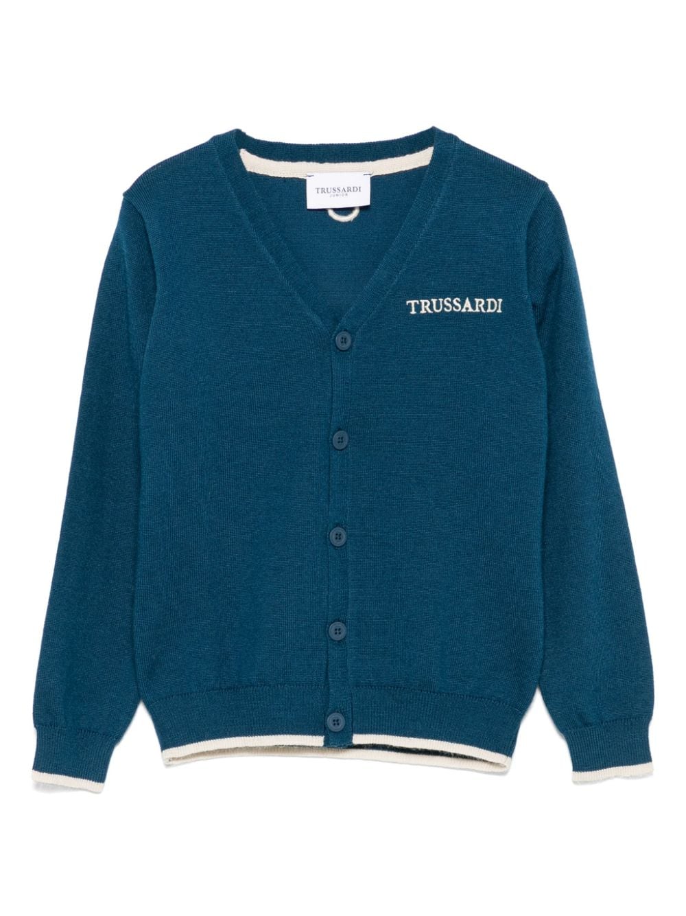 Cardigan per bambino TRUSSARDI JUNIOR blu con logo ricamato sul petto - Rubino Kids