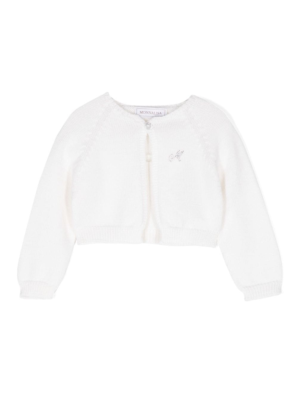 Cardigan per neonata Monnalisa bianco con applicazione con logo di strass - Rubino Kids