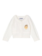 Cardigan per neonata Moschino Kids bianco con applicazione logo sul petto - Rubino Kids