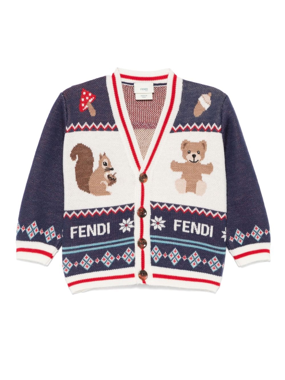 Cardigan per neonato Fendi Kids blu con stampa orsetto e scoiattolo - Rubino Kids