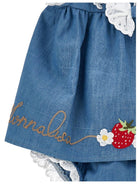 Completo 2 pezzi per neonata Monnalisa blu con ricamo con fragole - Rubino Kids