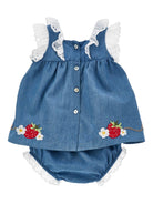 Completo 2 pezzi per neonata Monnalisa blu con ricamo con fragole - Rubino Kids