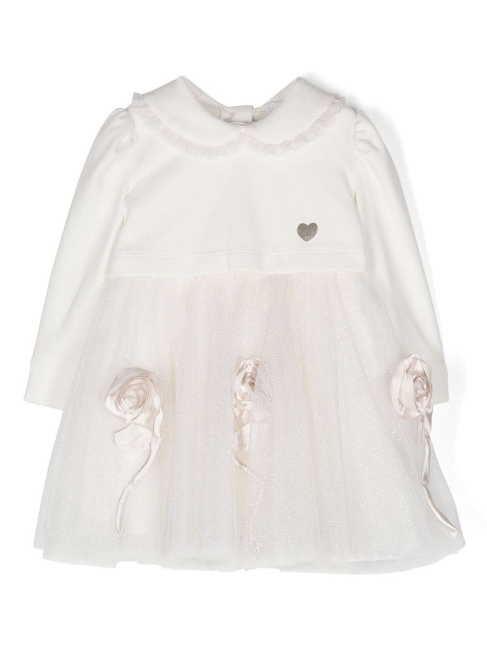 Completo abito in tulle per neonata Monnalisa bianco con applicazioni floreali - Rubino Kids