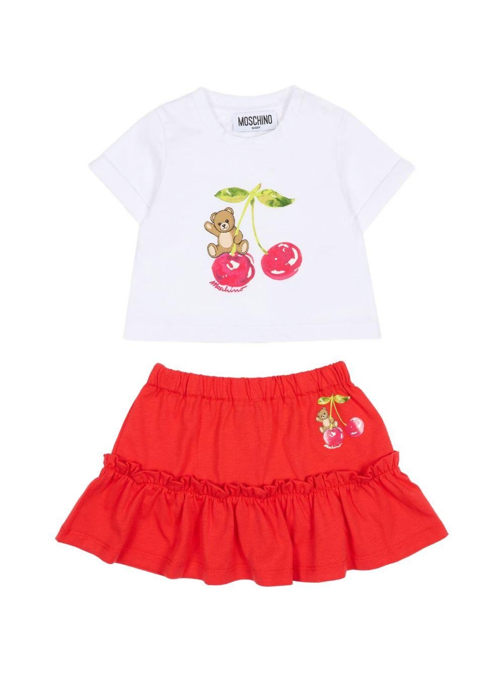 Completo per neonata Moschino Kids bianco e rosso con stampa Cherry - Rubino Kids