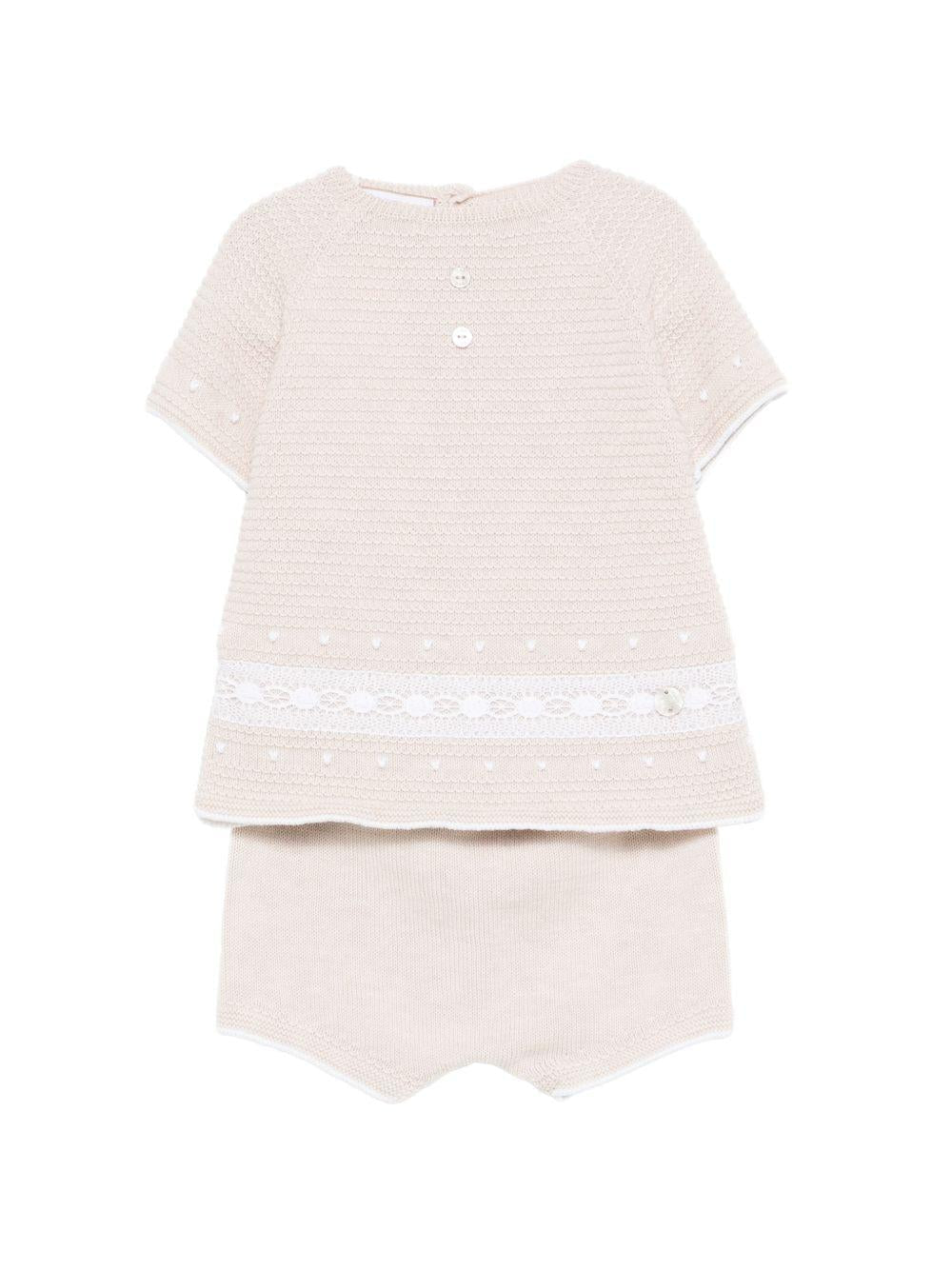 Completo t-shirt e shorts per neonati Paz Rodriguez beige con lavorazione in maglia - Rubino Kids