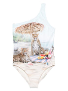 Costume da bagno per bambina Molo azzurro e beige con stampa da spiaggia - Rubino Kids