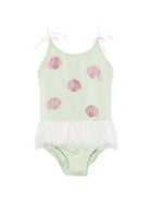 Costume intero per bambina MC2 Saint Barth Kids verde con stampa conchiglie - Rubino Kids