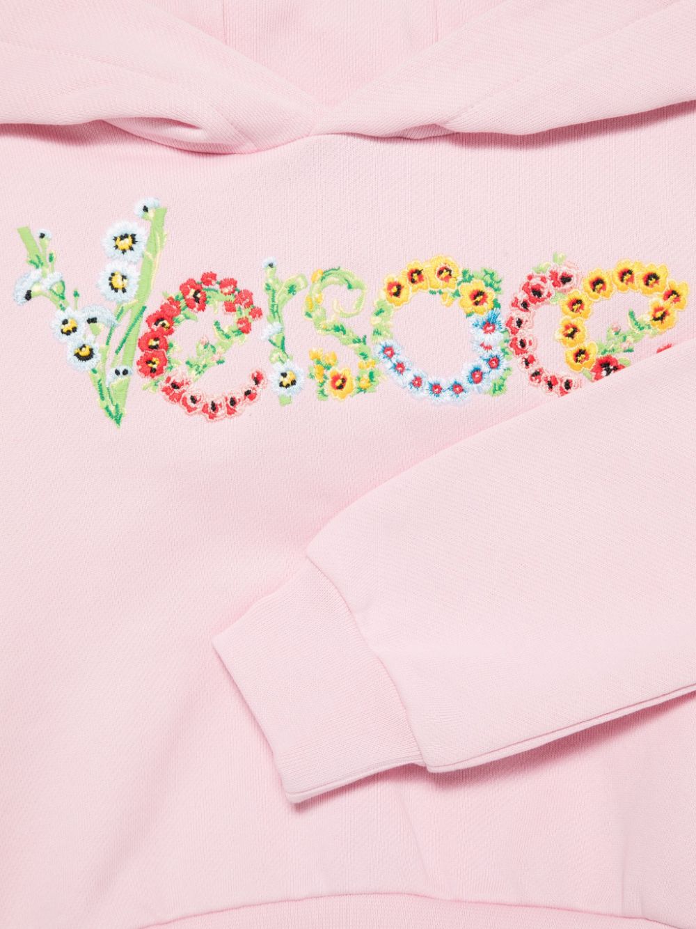 Felpa per bambina Versace Kids rosa con cappuccio e stampa logo con fiori - Rubino Kids