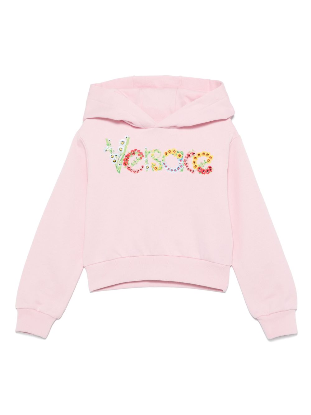 Felpa per bambina Versace Kids rosa con cappuccio e stampa logo con fiori - Rubino Kids