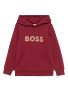 Felpa per bambino BOSS Kidswear rosso con stampa logo sul petto e tasca a marsupio - Rubino Kids