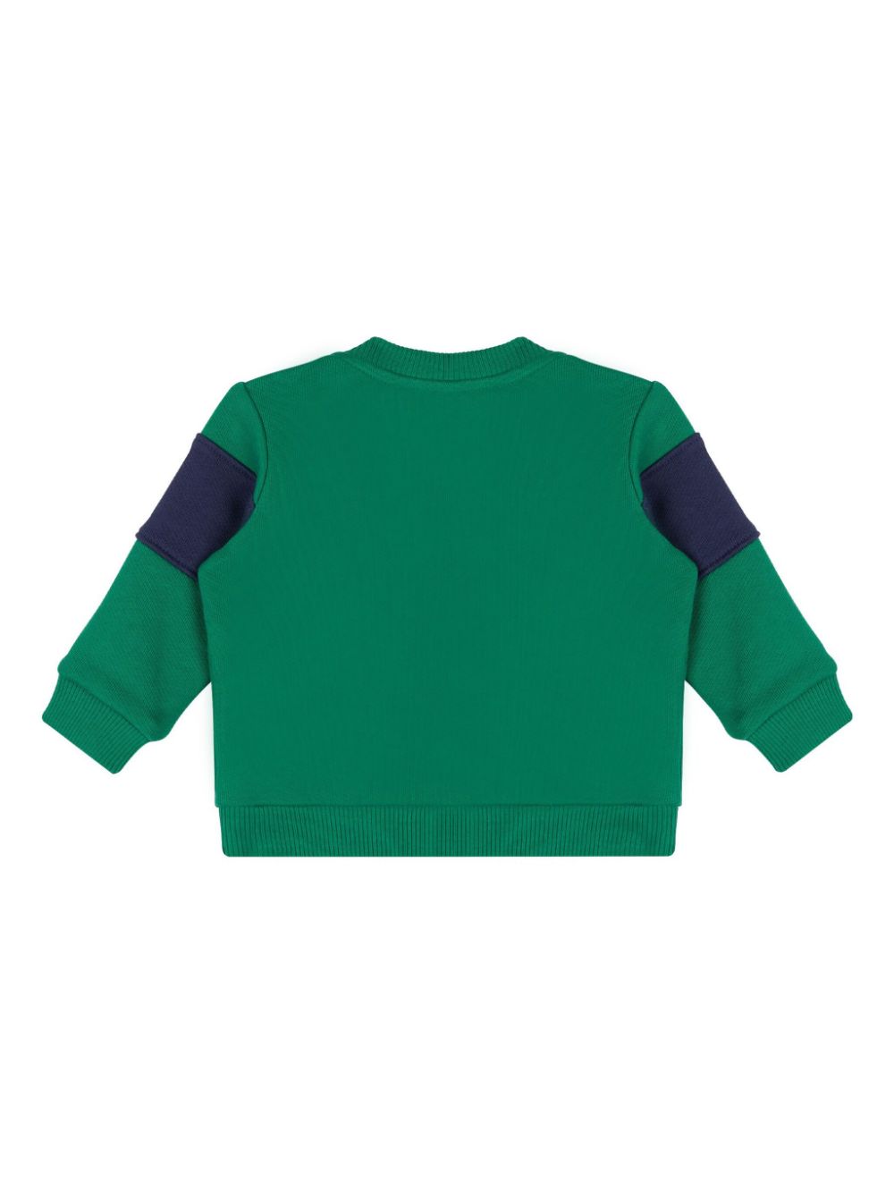 Felpa per neonato verde con stampa logo Moschino Kids su fondo blu e scudetti - Rubino Kids