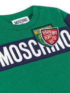 Felpa per neonato verde con stampa logo Moschino Kids su fondo blu e scudetti - Rubino Kids