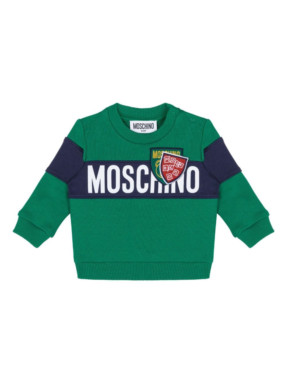 Felpa per neonato verde con stampa logo Moschino Kids su fondo blu e scudetti - Rubino Kids